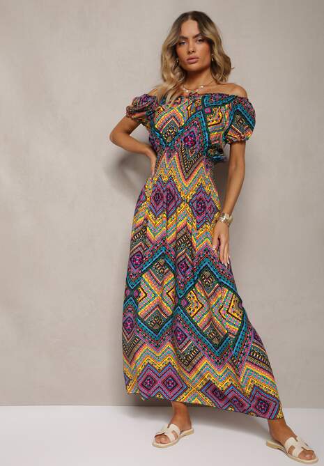 Żółto-Fioletowa Rozkloszowana Sukienka z Bawełny z Gumką w Talii Xenetta