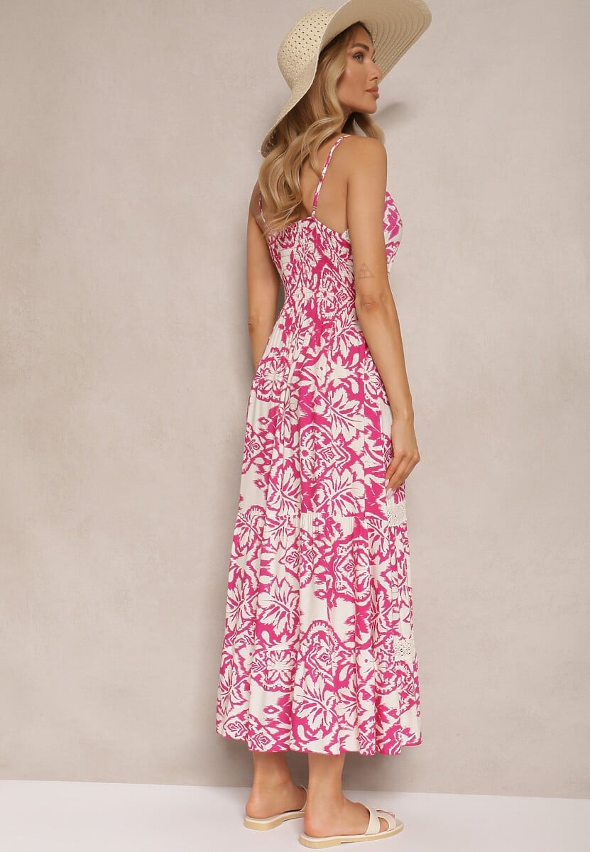 Różowa Sukienka z Bawełny o Rozkloszowanym Kroju w Etniczny Print Taliraya