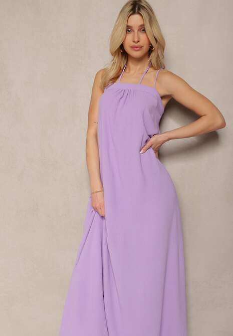 Fioletowa Sukienka z Regulowanymi Ramiączkami i Wiązaniem przy Szyi Qloenma
