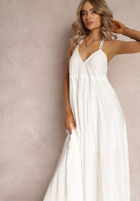 Biała Rozkloszowana Sukienka Bawełniana z Wiązaniem na Szyi Panethea