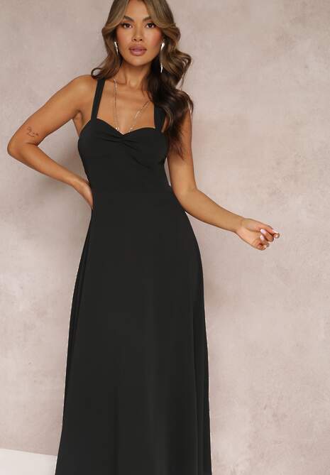 Czarna Rozkloszowana Sukienka Koktajlowa Wiązana na Plecach Malori