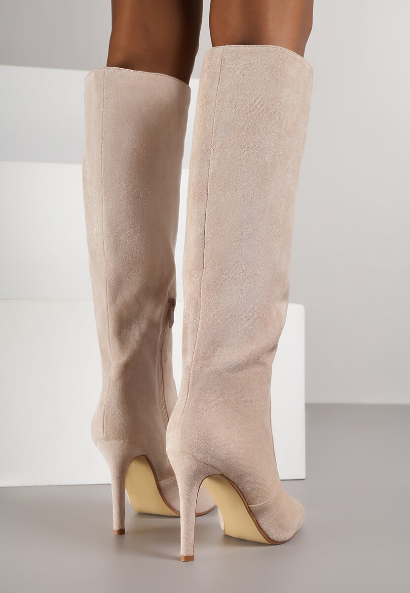 Beżowe Kozaki przed Kolano na Szpilce z Noskiem w Szpic Modara