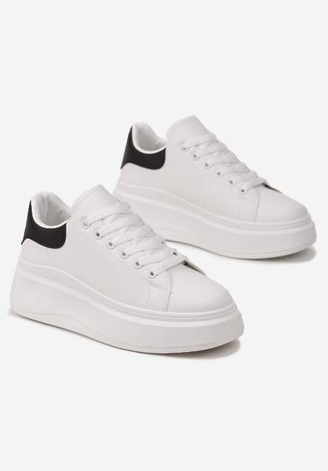 Biało-Czarne Sznurowane Sneakersy na Niskiej Platformie z Imitacji Skóry Ajanfa