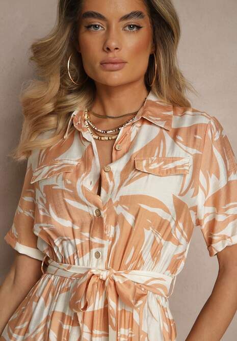 Beżowa Koszulowa Sukienka z Wiskozy z Wiązanym Paskiem Ullosaria