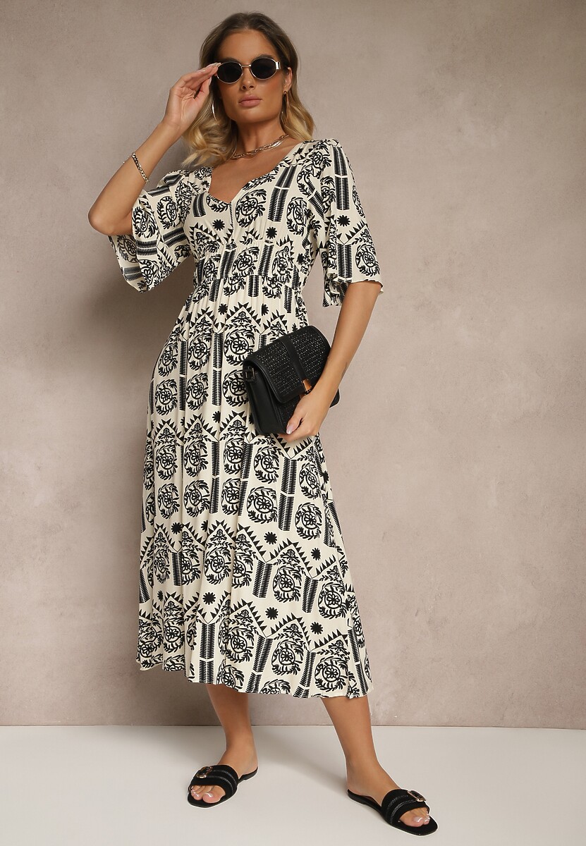 Czarno-Kremowa Sukienka Boho Rozkloszowana z Wiskozy z Odkrytymi Plecami Tuvria