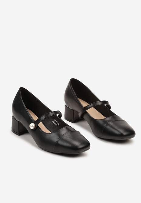 Czarne Czółenka na Słupku Wykończone Paskiem z Perełką i Metaliczną Wstawką Milanea