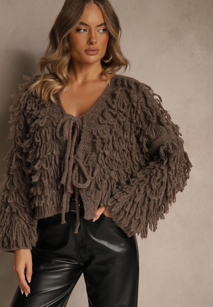 Jasnobrązowy Kardigan z Wiązaniem i Frędzlami z Domieszką Wełny i Wiskozy Tiseana