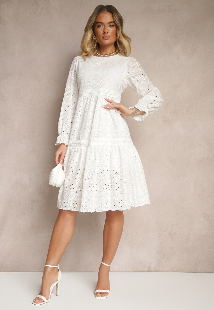 Biała Bawełniana Sukienka z Ażurowym Wzorem Ridittia