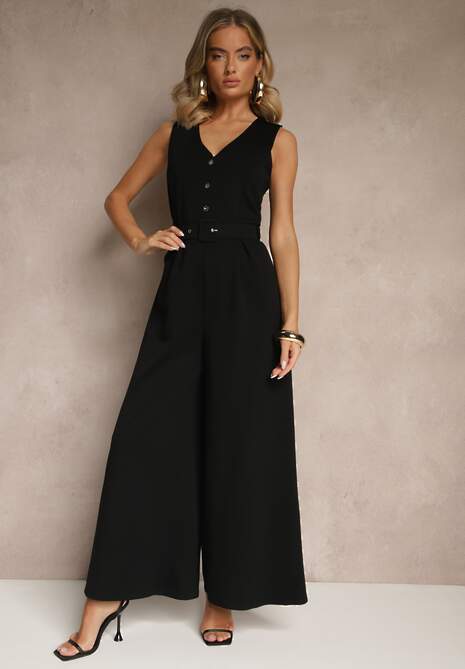 Czarny Kombinezon o Taliowanym Kroju z Wiskozą i Paskiem Raliorea