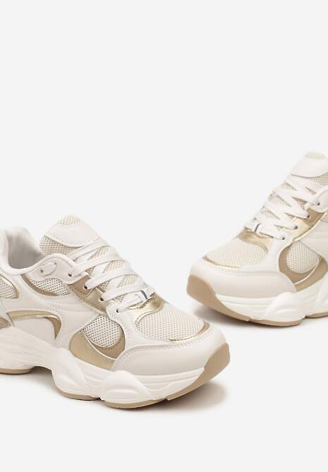 Beżowe Sneakersy ze Wstawkami Metalicznymi i Siateczką na Grubej Podeszwie Riliera