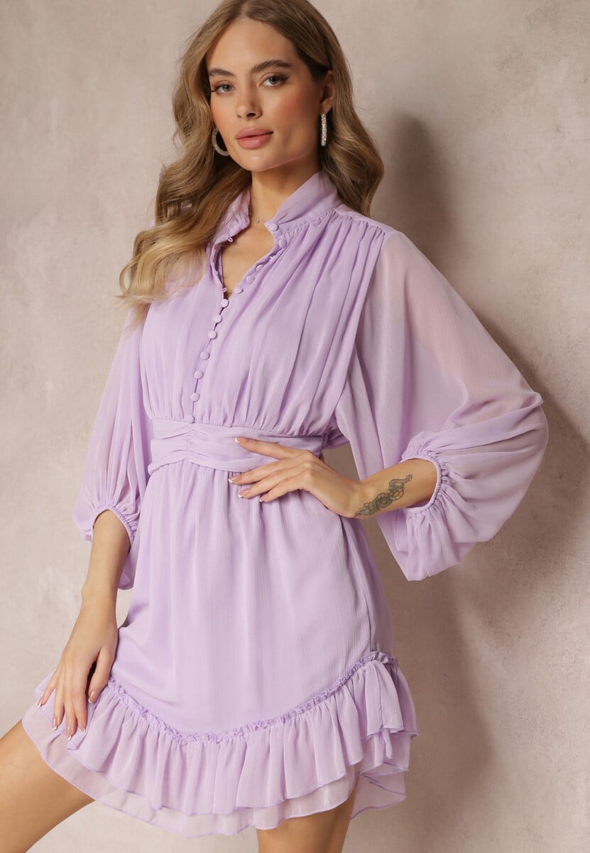 Beżowa Sukienka Mini z Ozdobnymi Guzikami i Rękawem 3/4 Parissa