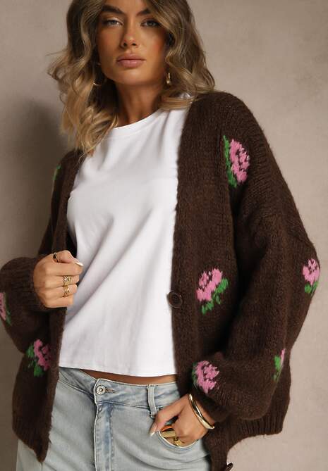 Brązowy Oversizowy Kardigan z Dodatkiem Wełny w Kwiaty Nelenesa