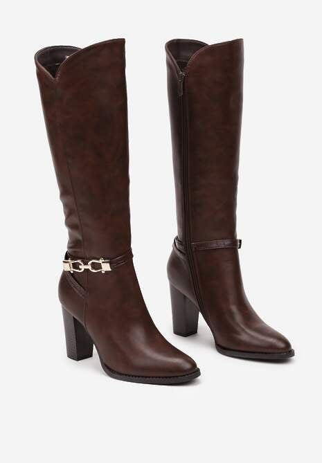 Brązowe Kozaki na Słupku Muszkieterki z Klamerką Vortilina