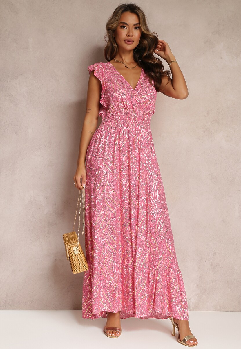 Ciemnoróżowa Sukienka Maxi z Metaliczną Aplikacją Wykonana z Wiskozy Akella