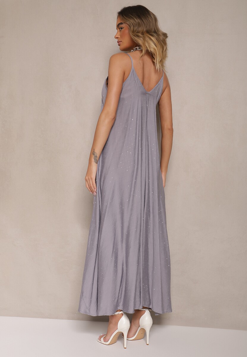 Niebieska Wiskozowa Sukienka o Rozkloszowanym Kroju Ozdobiona Cyrkoniami Tosnaria