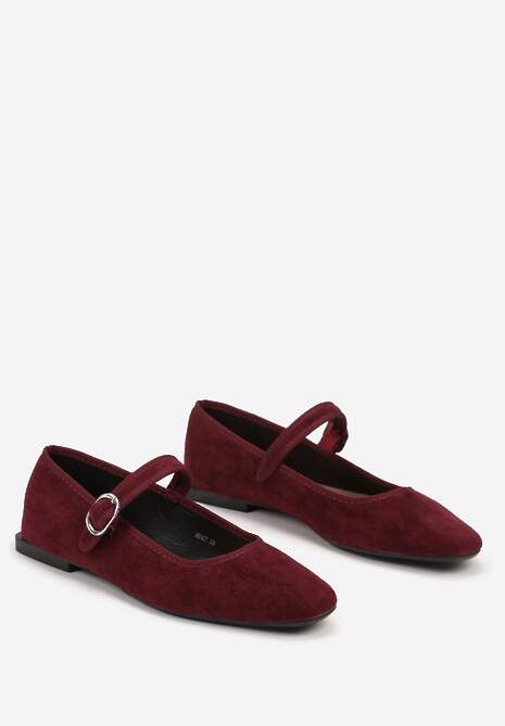 Bordowe Balerinki o Kwadratowym Nosku w Stylu Mary Jane z Paseczkiem Naiva