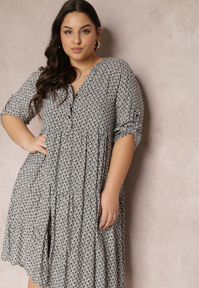 Czarna Sukienka z Guzikami i Podwijanymi Rękawami 7/8 Agalanie