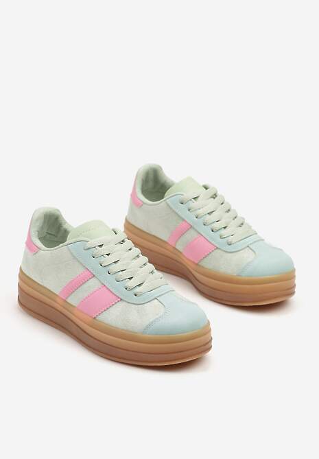 Jasnozielone Sneakersy na Płaskiej Podeszwie z Ozdobnymi Paskami Velali