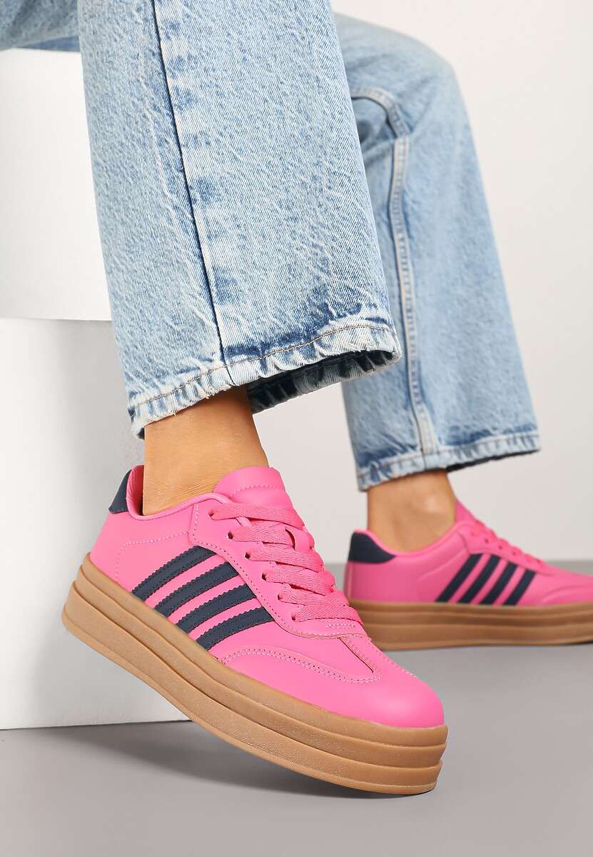 Różowo-Granatowe Sneakersy Kultowe Tenisówki na Grubej Podeszwie z Tłoczeniami Ellimia