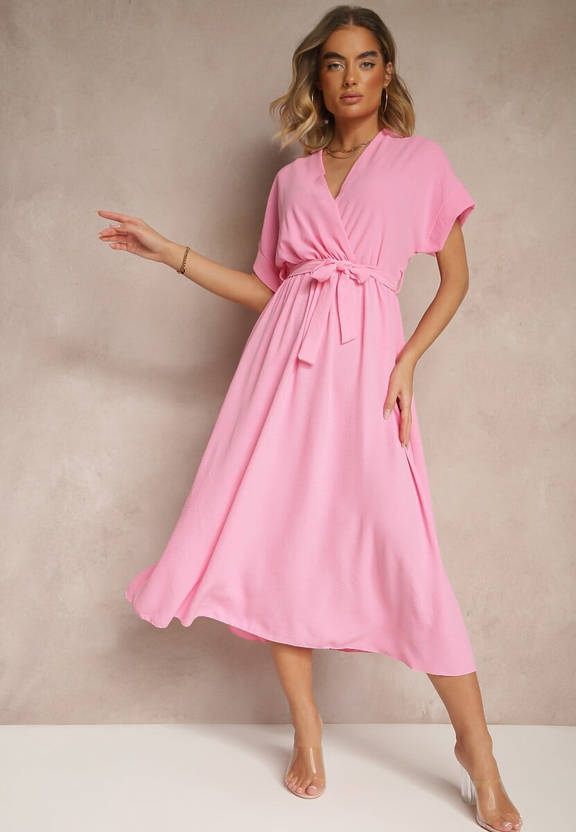 Czerwona Rozkloszowana Sukienka z Gumką w Talii i Wiązaniem Sepenira