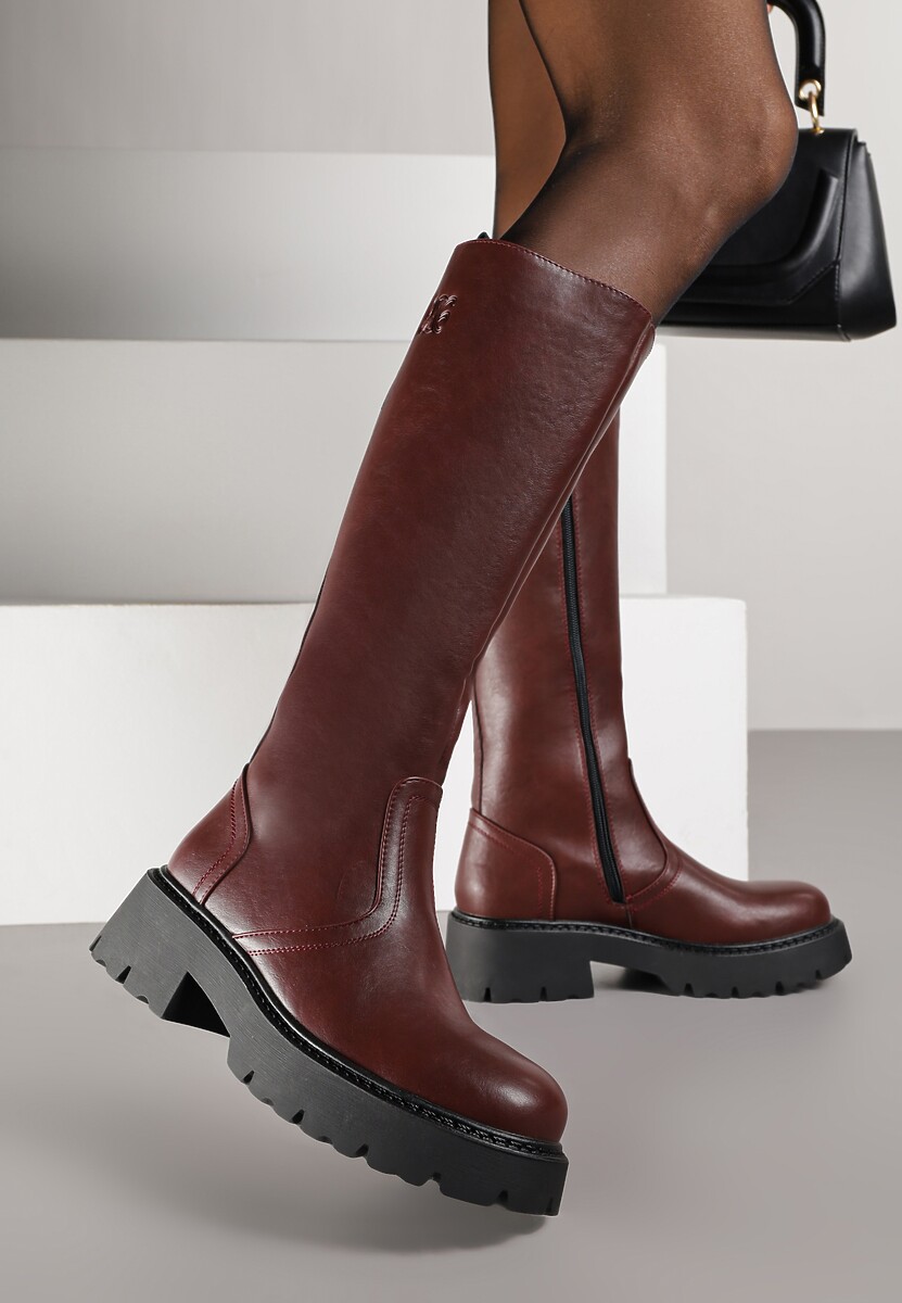 Czarne Kozaki VICES na Platformie z Tłoczonym Zdobieniem przy Cholewce Uniresa