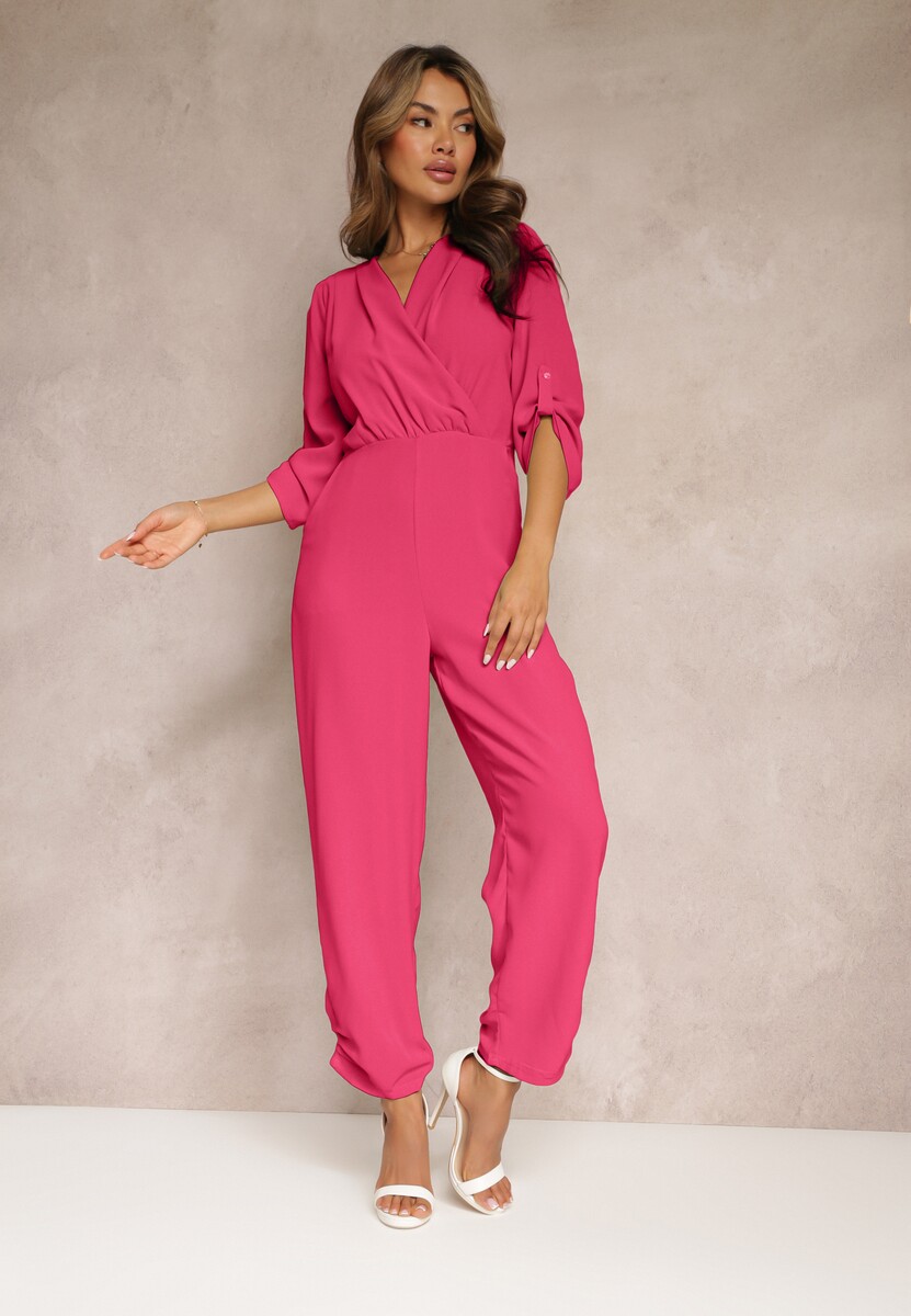 Czarny Długi Kombinezon z Marszczeniem i Kopertowym Dekoltem Jonitta