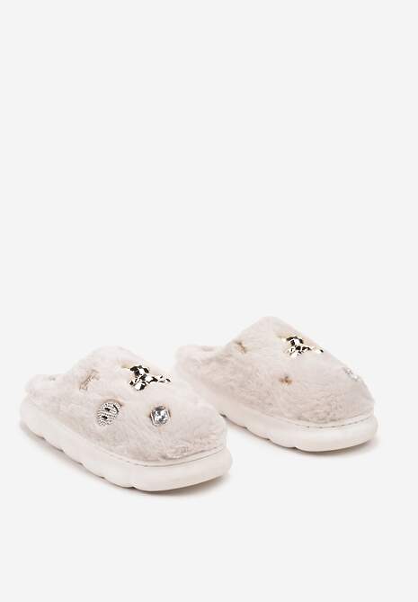 Beżowe Kapcie na Płaskiej Podeszwie z Metalicznymi Aplikacjami i Futerkiem Nirissa