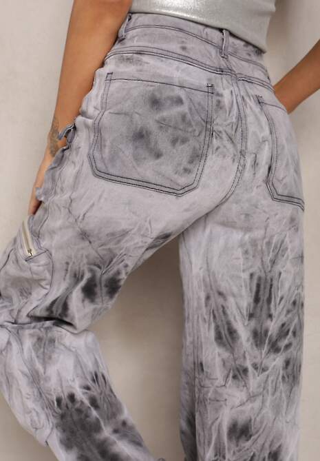 Szare Jeansy w Stylu Cargo z Naszytymi Kieszeniami Deriada