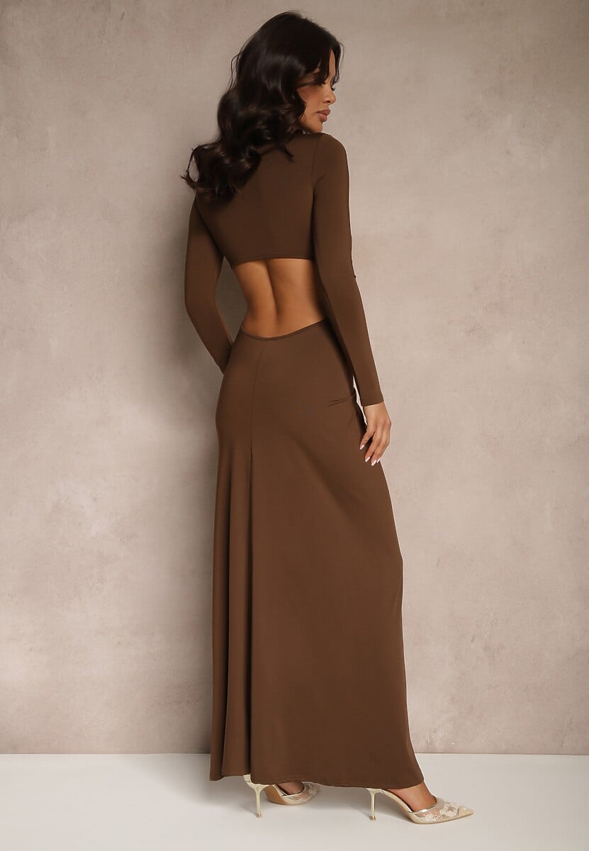 Brązowa Koktajlowa Sukienka z Wiskozą Ozdobiona Kwiatem 3D i Wycięciami Hannith