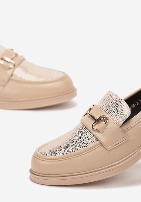 Beżowe Mokasyny z Klamerką i Brokatem Semirame