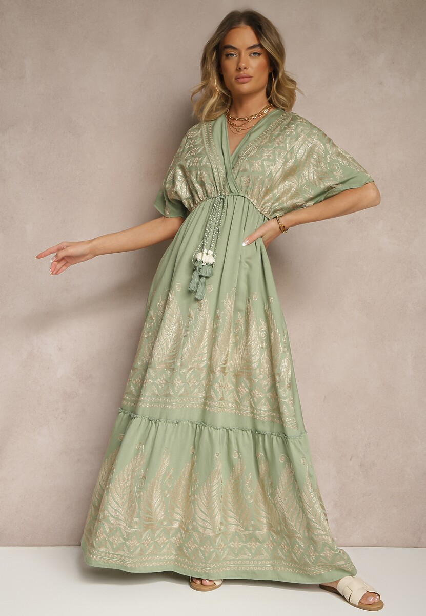 Zielona Wiskozowa Sukienka Boho o Kopertowym Kroju z Metalicznym Haftem Redeselle