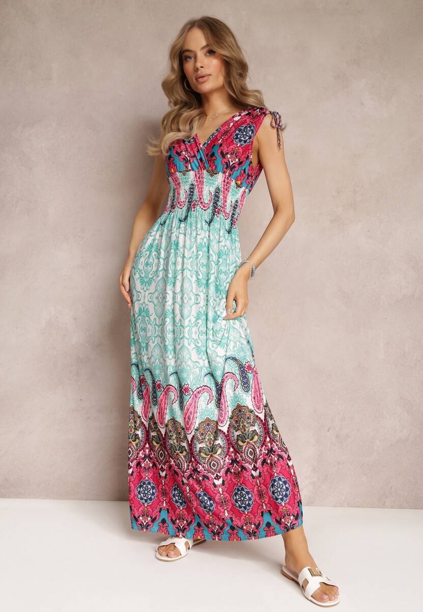 Czerwono-Granatowa Sukienka Maxi w Stylu Boho z Gumką w Pasie Bernette