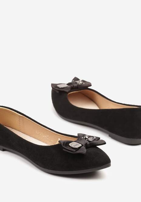 Czarne Balerinki z Wkładką ze Skóry Naturalnej Ozdobione Kokardą Galunea