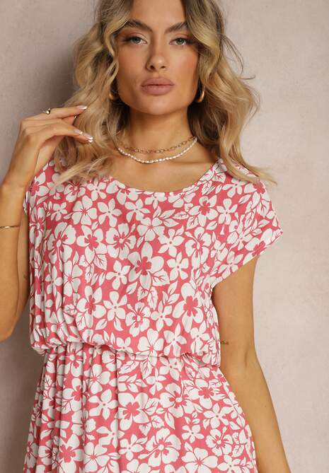 Różowa Kwiecista Sukienka z Krótkim Rękawem i Gumką w Talii Euremia