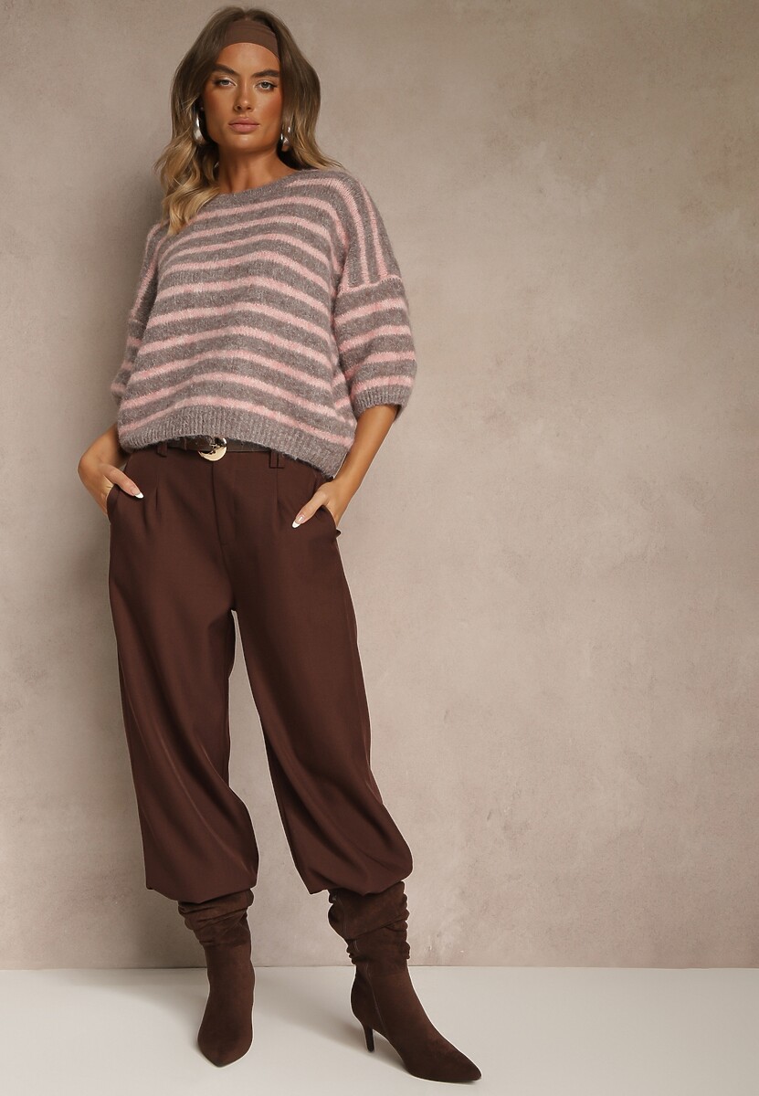 Brązowy Sweter z Wełną Ozdobiony Paskami i Bufiastymi Rękawami Rilesse