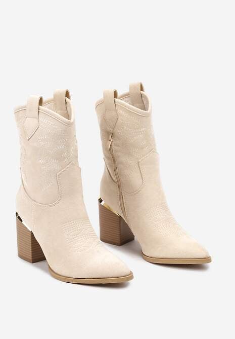 Beżowe Ażurowe Botki na Słupku w Kowbojskim Stylu Mevith
