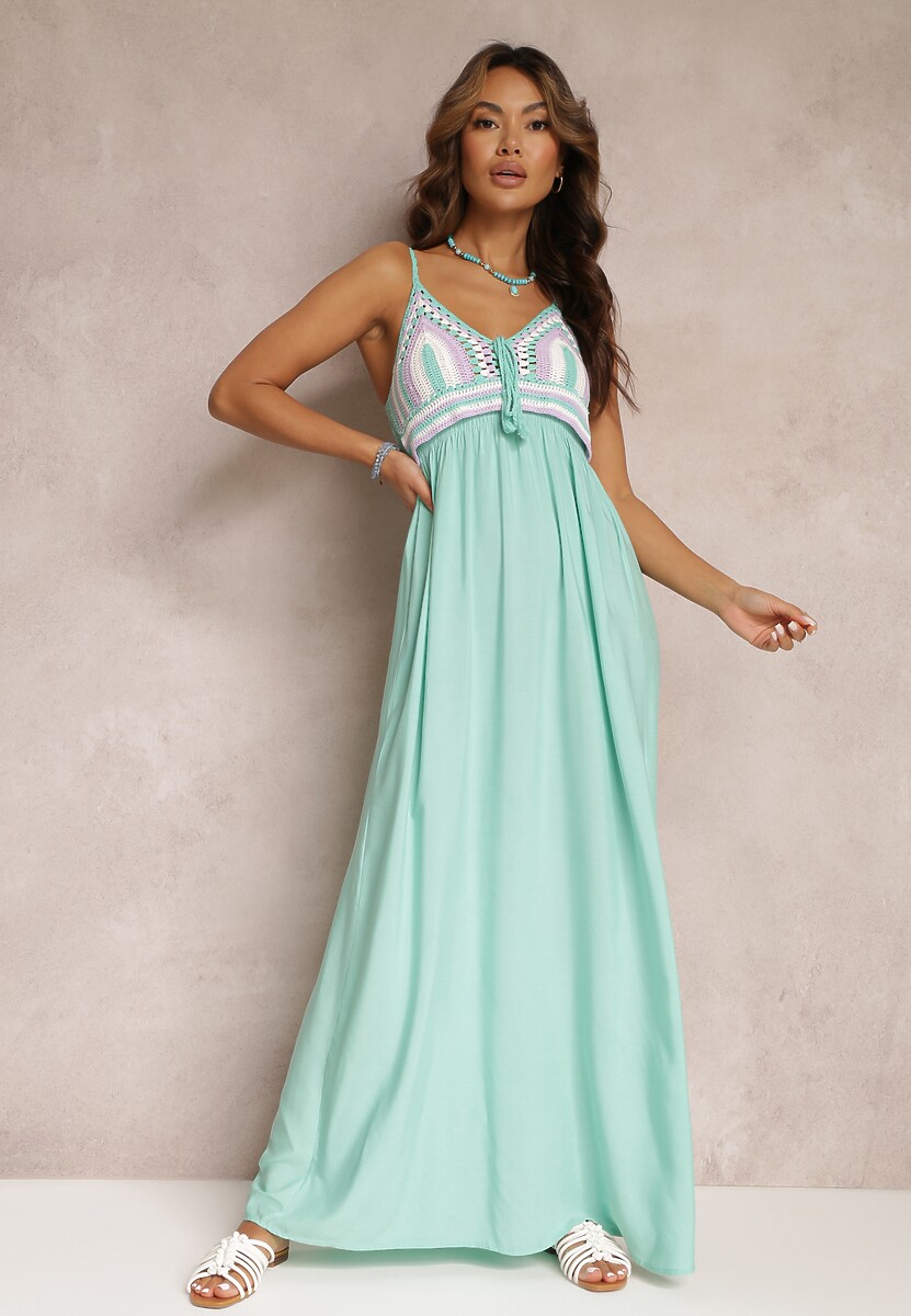 Miętowa Bawełniana Sukienka Maxi z Szydełkową Górą i Gumkami na Plecach Jennesia