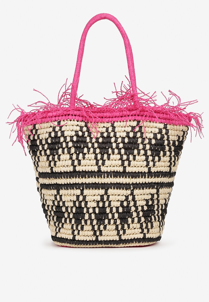 Beżowo-Różowa Torebka z Plecionki Ozdobiona Frędzlami Zapinana na Zamek Błyskawiczny Timazella