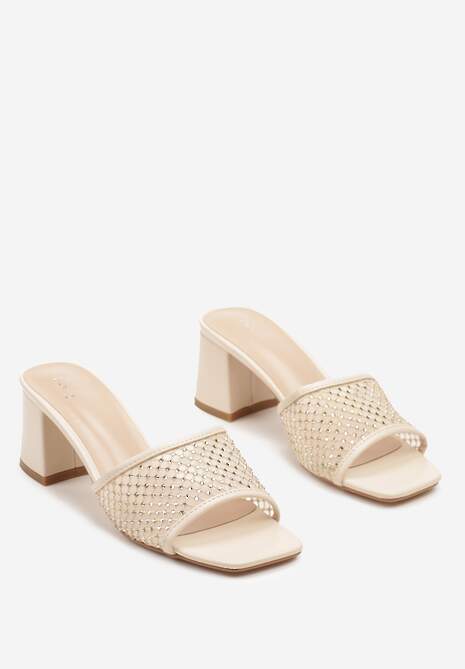 Beżowe Siateczkowe Klapki na Słupku Ozdobione Cyrkoniami Senadrela