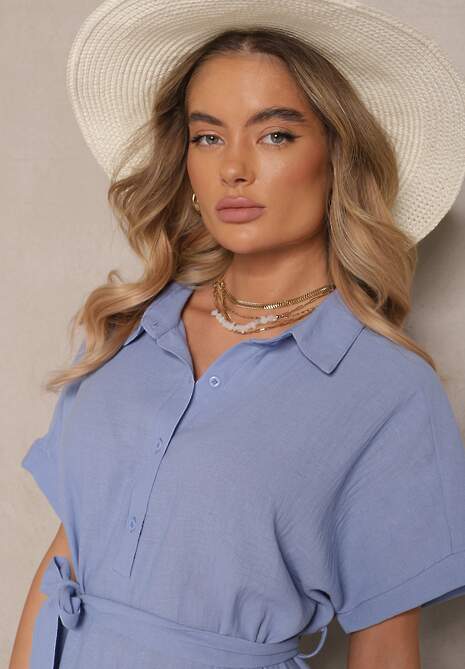 Granatowa Wiskozowa Sukienka Koszulowa z Wiązanym Paskiem w Talii Vanisti