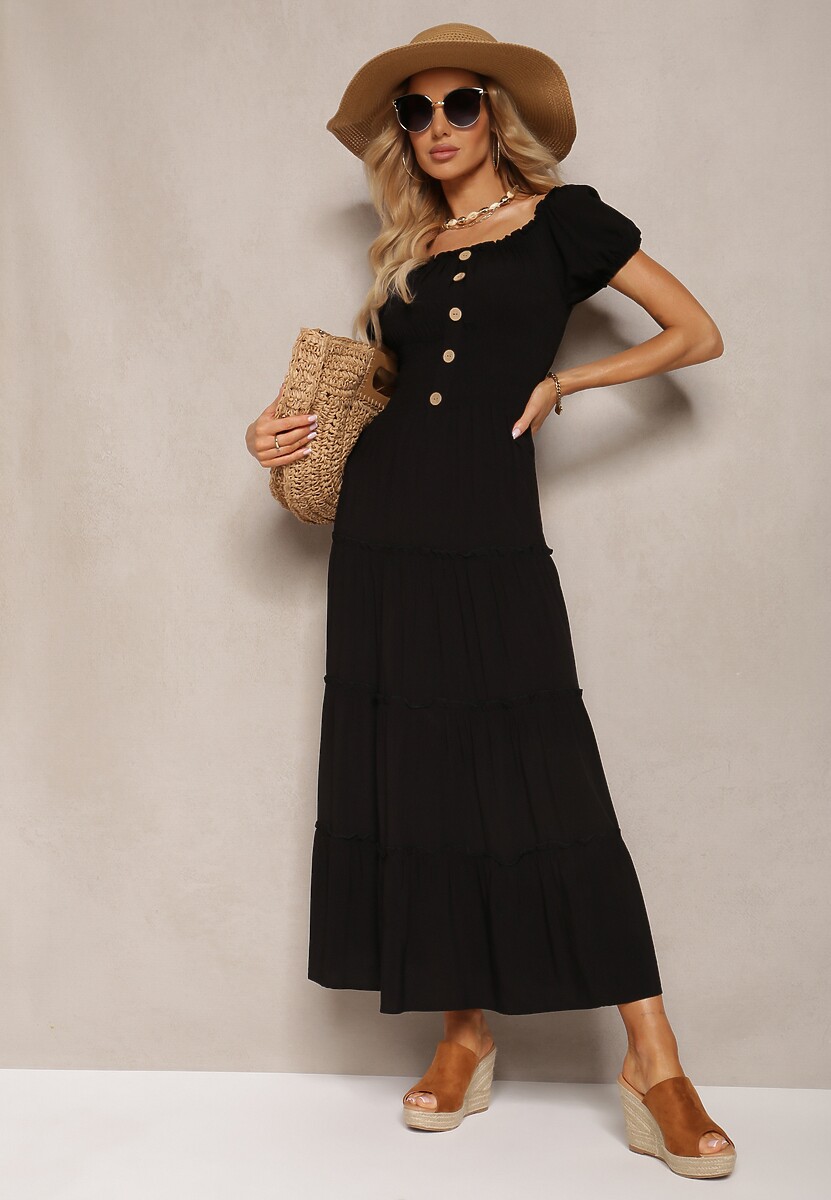 Czarna Rozkloszowana Sukienka Maxi z Hiszpańskim Dekoltem Kailra