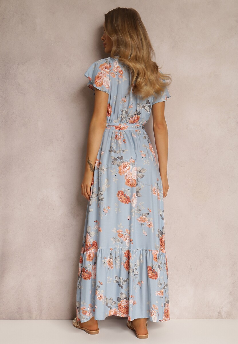 Jasnoniebieska Sukienka w Kwiaty o Kopertowym Kroju z Wiązanym Paskiem Iphene