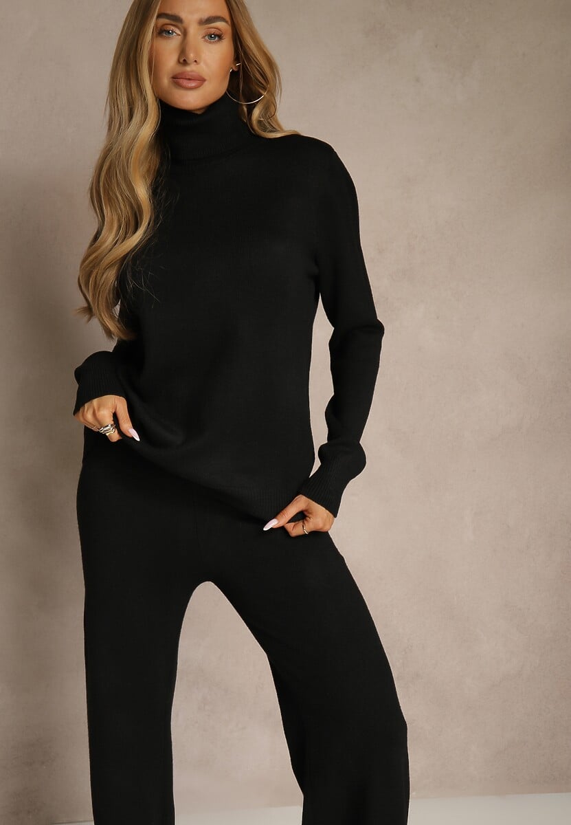 Czarny Komplet Dzianinowy z Wełną i Bawełną Szerokie Spodnie i Golf Lennria