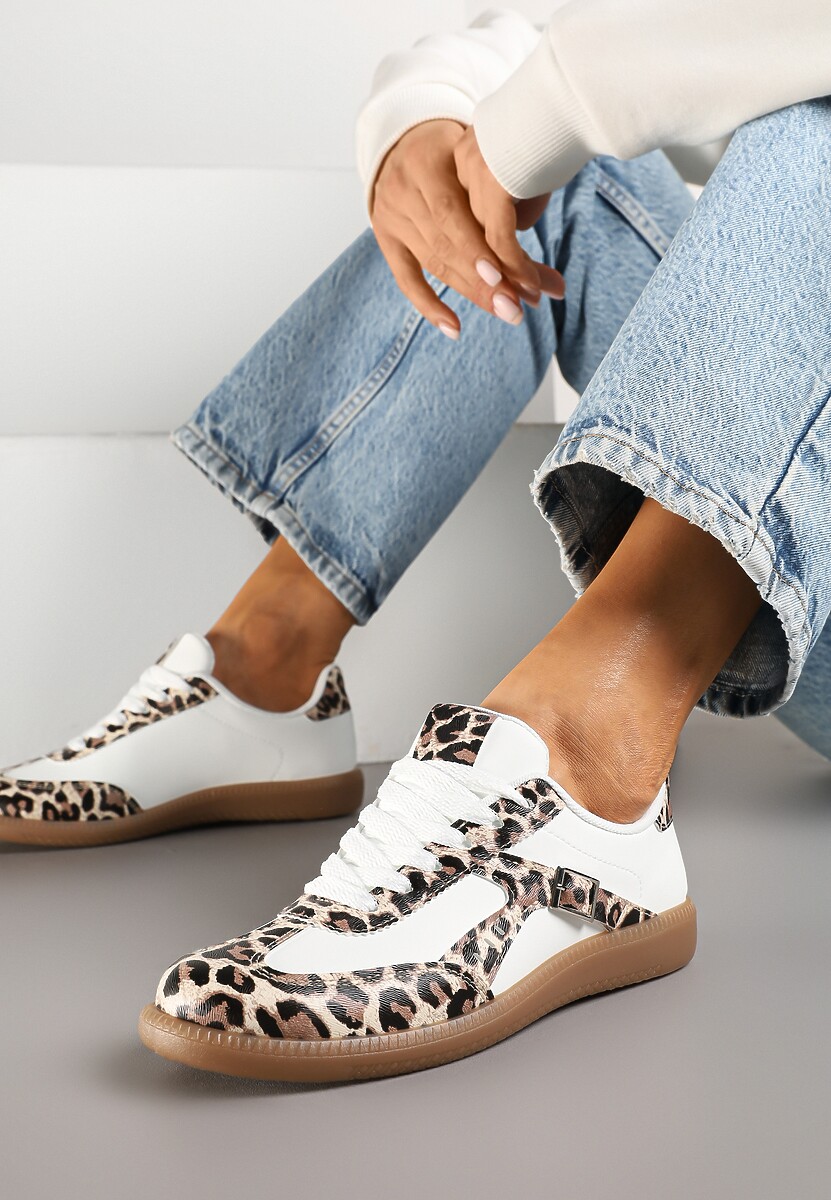 Brązowo-Białe Sneakersy Klasyczne Tenisówki Zdobione Klamerką Senaniela