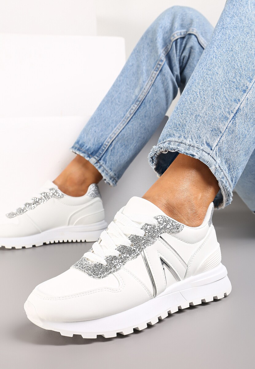 Białe Sneakersy z Brokatem przed Kostkę Skylara