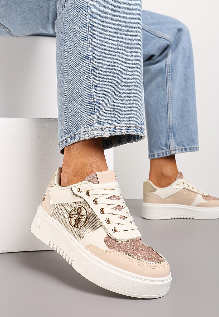 Beżowe Sneakersy z Metalicznymi Wstawkami i Brokatem na Grubej Podeszwie Xaneta