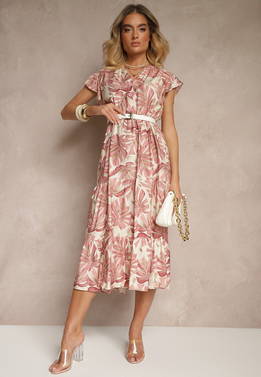 Ciemnoróżowa Rozkloszowana Sukienka z Wiskozą Zdobiona Roślinnym Printem Galmoi