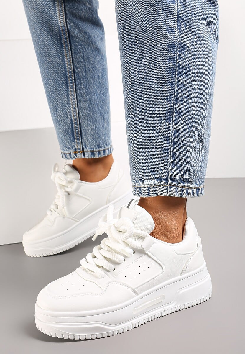 Białe Sneakersy na Platformie Wiązane na Szerokie Sznurowadła Viletra