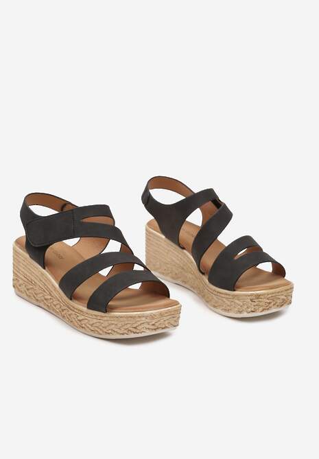 Czarne Sandały Zapinane na Rzepy na Koturnie i Platformie Moanele