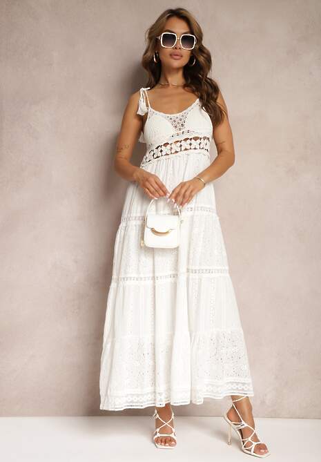 Biała Szydełkowa Sukienka Maxi z Ozdobnym Haftem i Falbanką Eshade